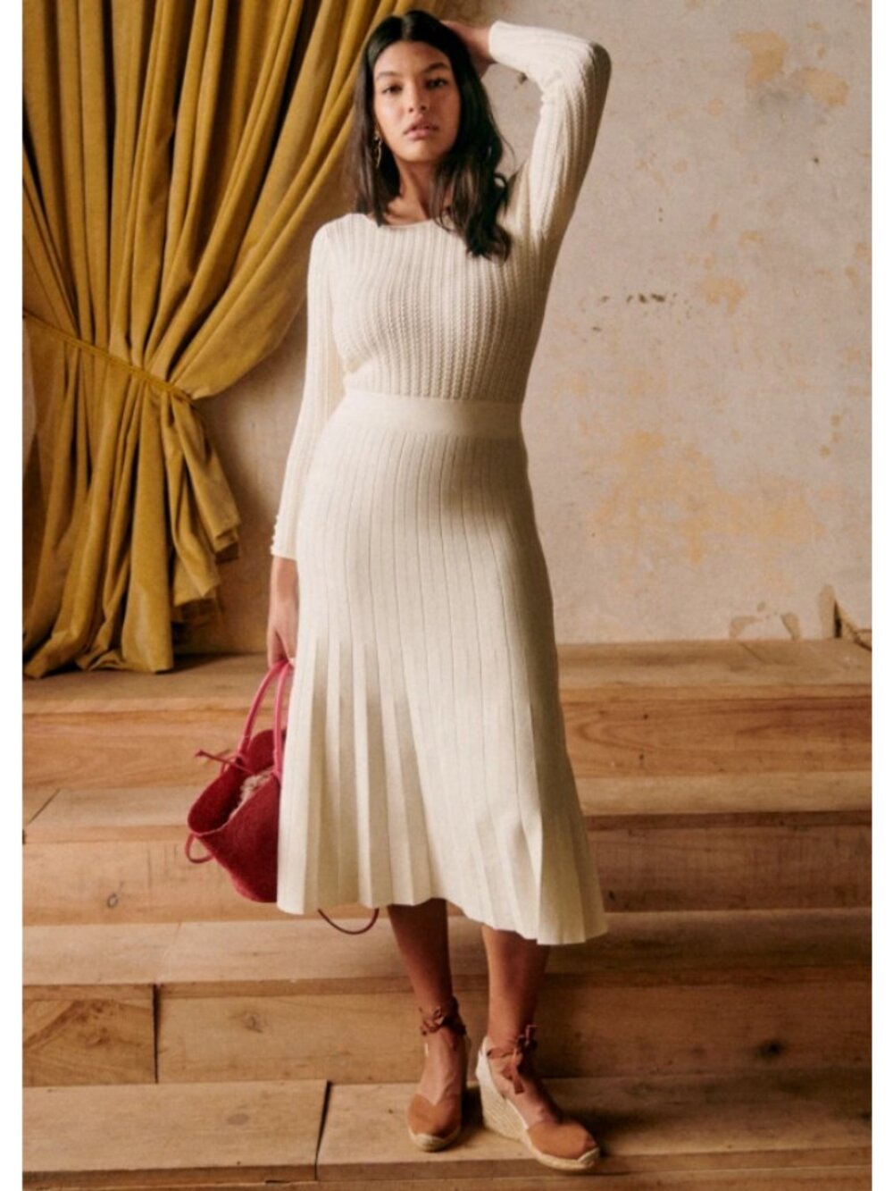 Sezane Sz. S Ecru Knitted Boat Neck Flora Pleated Midi Dress